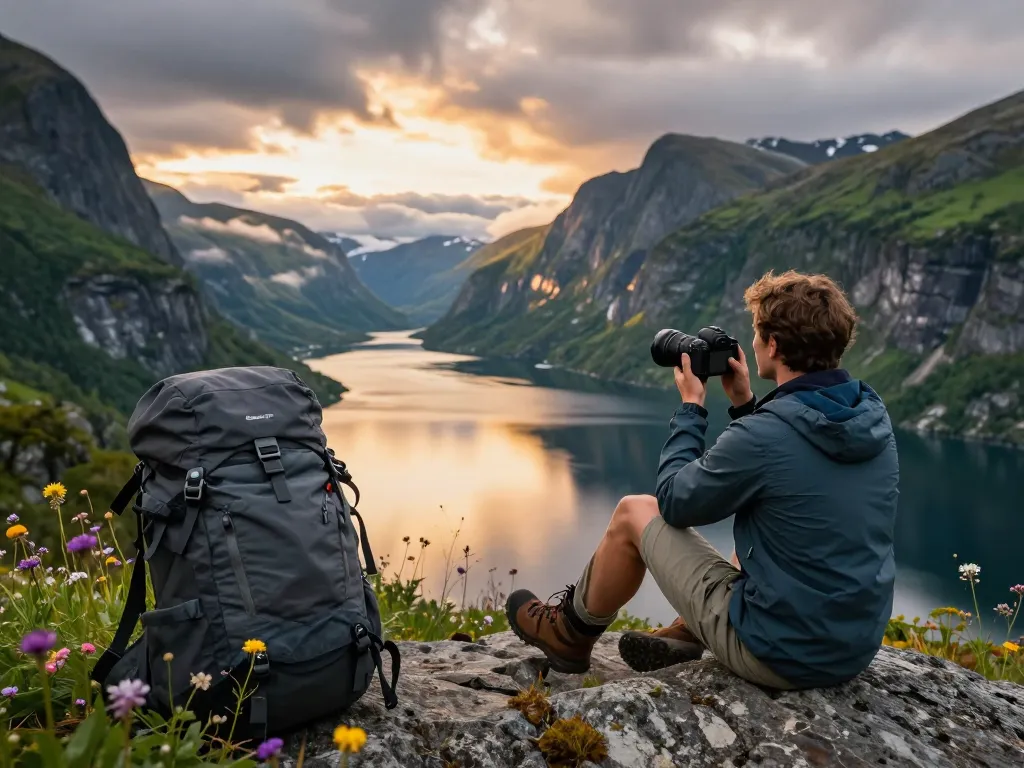 Skandinavien Reisetipps mit Reisenden, die auf eine atemberaubende Fjordlandschaft blicken und die Schönheit der Natur einfangen.