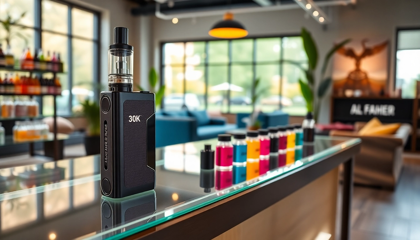Vape mit Al Fakher 30K präsentiert in einem modernen Geschäft, umgeben von bunten Produkten.