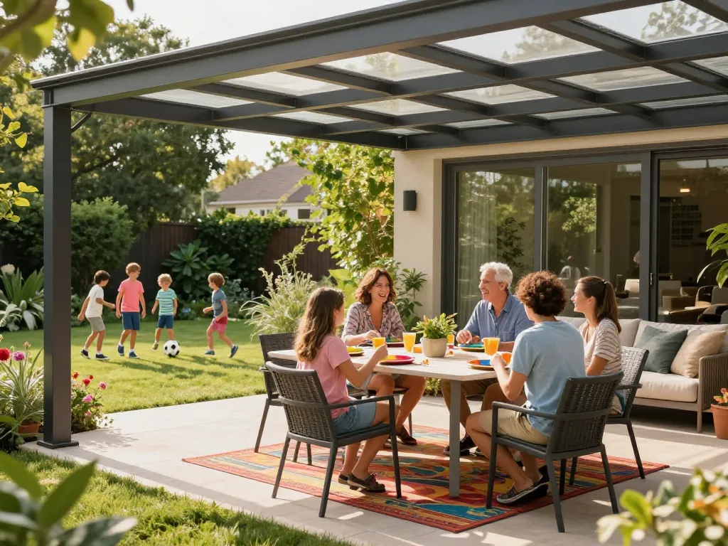 Moderne Terrassenüberdachung, die eine fröhliche Familienfeier in einem üppigen Garten bereichert.