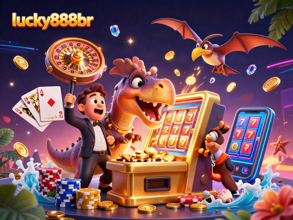 Catch golden coins in action at lucky888br with a cartoon dinosaur winning at slots.