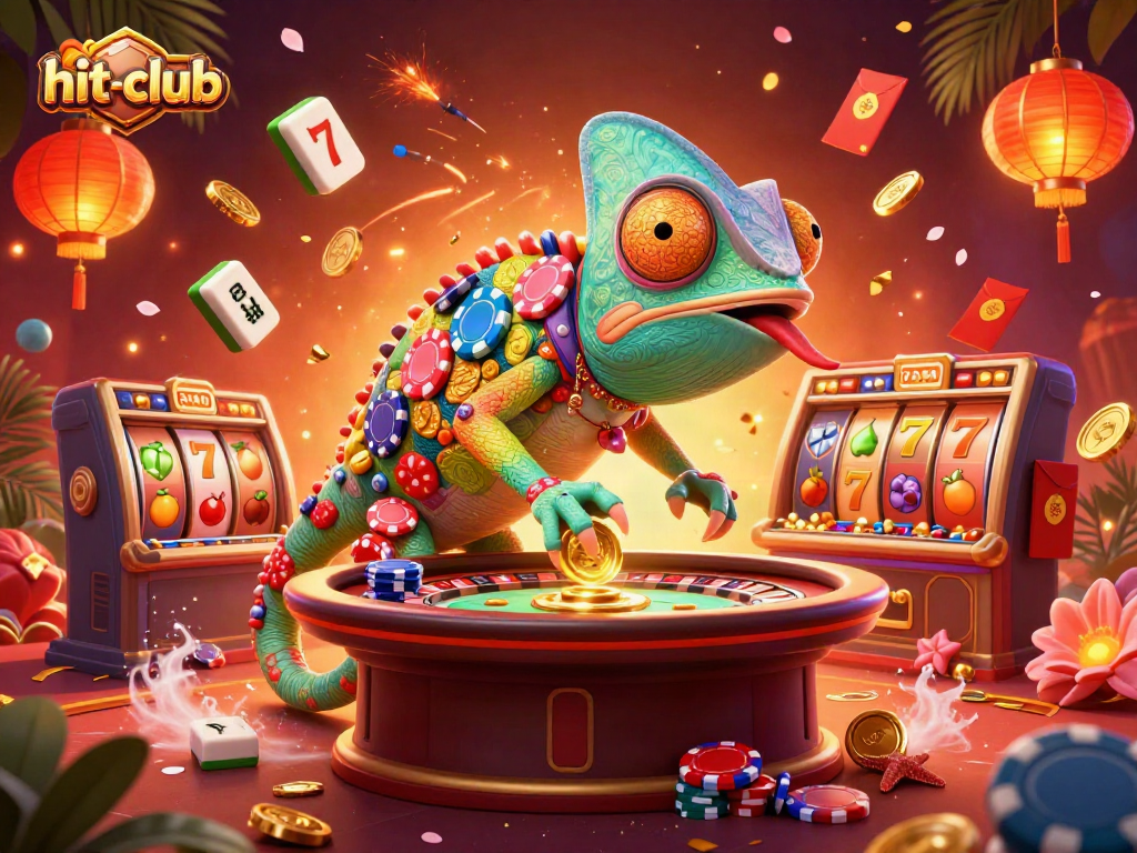 Experience the excitement of hit-club casino games with colorful illustrations of slot reels and a chameleon owner.