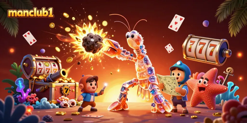 Engage in thrilling casino adventures with manclub1's animated characters in an explosive victory scene.
