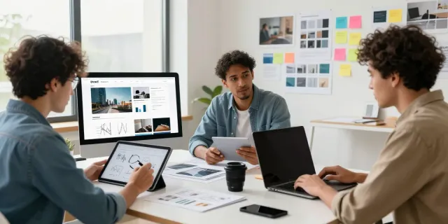 Webdesign Saarland, kreatives Team arbeitet an modernen Designs in hellen Räumlichkeiten.