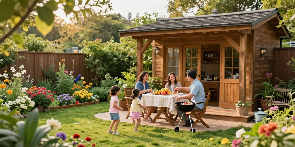 Gemütliches Gartenhaus mit blühenden Pflanzen und Familienaktivitäten. Gartenhäuser von McGarden24 für entspannte Nachmittage.