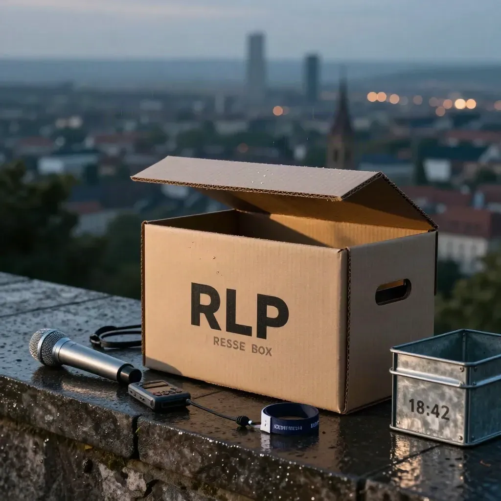 Pressebox mit Mikrofon und Rekorder vor Mainzer Skyline nach Sommerregen
