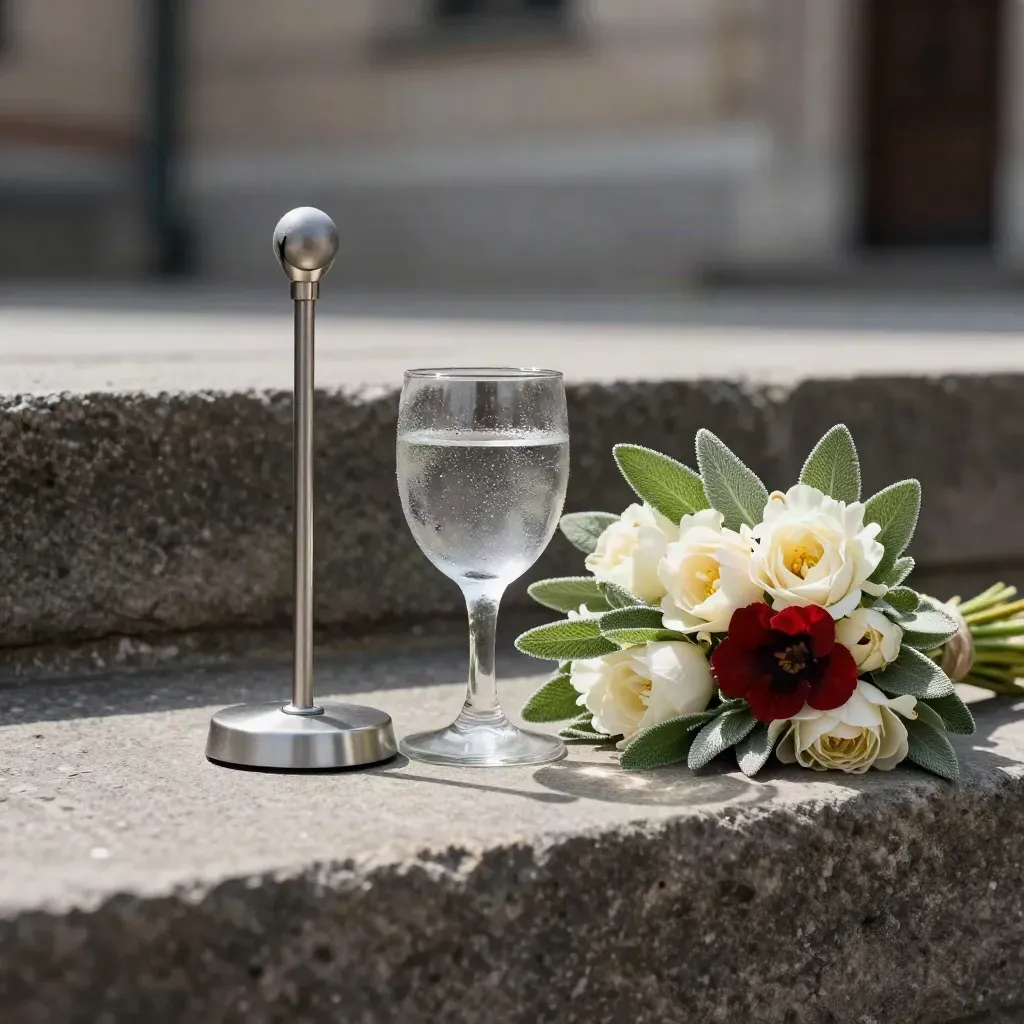 Nahaufnahme eines Mikrofonständers, Wasserglas und Blumen auf Rathausstufen im warmen Tageslicht.