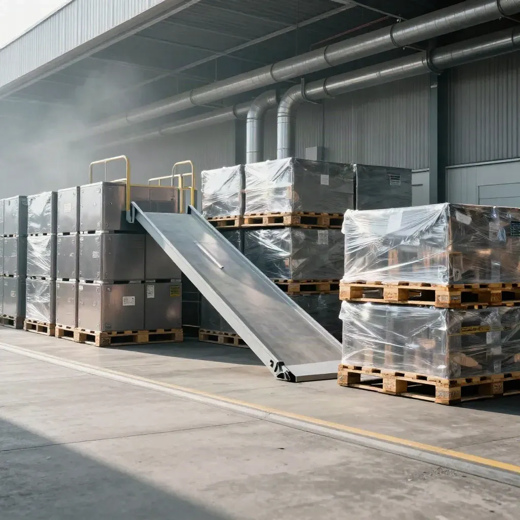 Logistikgelände in Ludwigshafen mit glänzenden Transportkisten und heller Laderampe im Nachmittagslicht