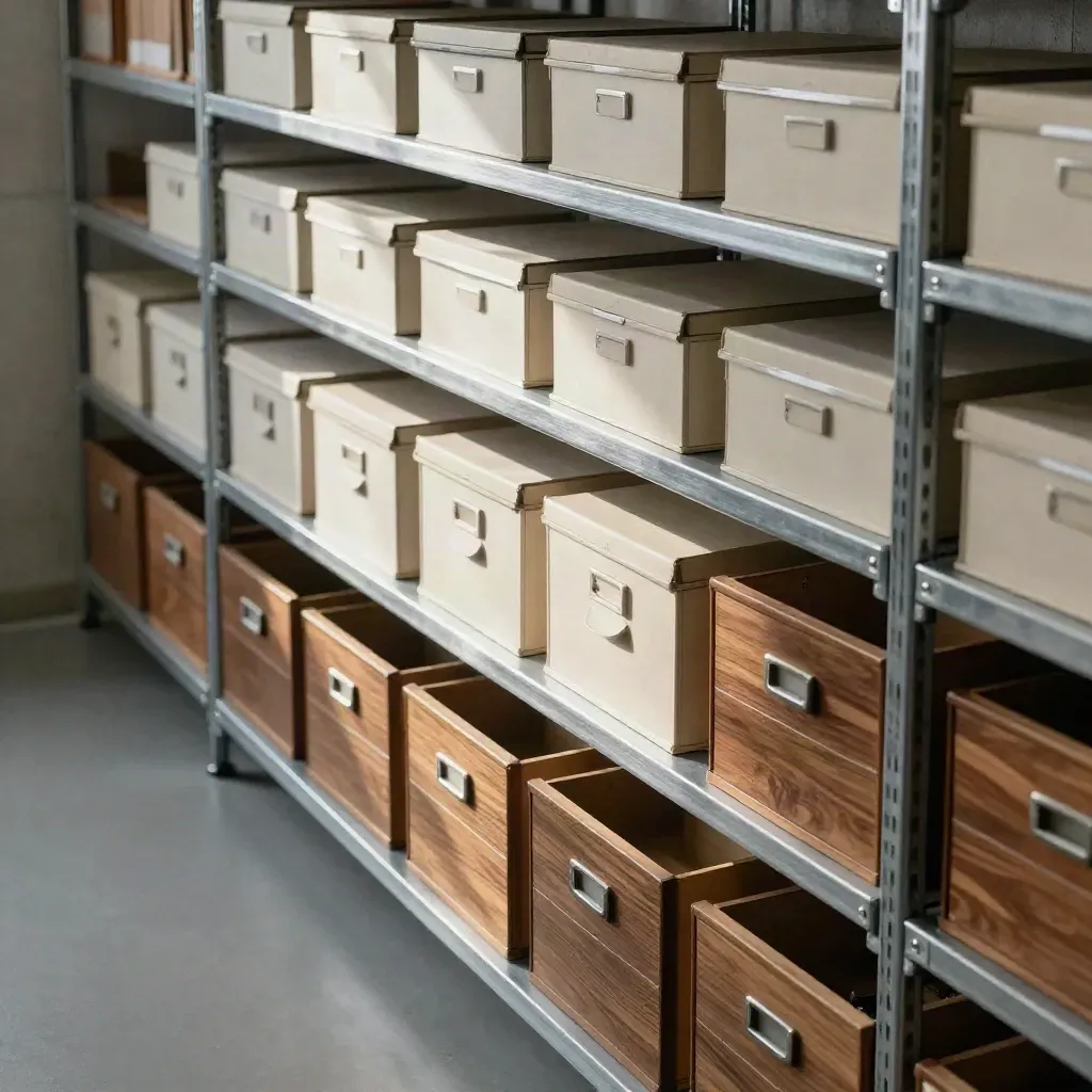 Archivraum mit Rollregalen, Archivboxen und Karteikasten im Lichtstreifen