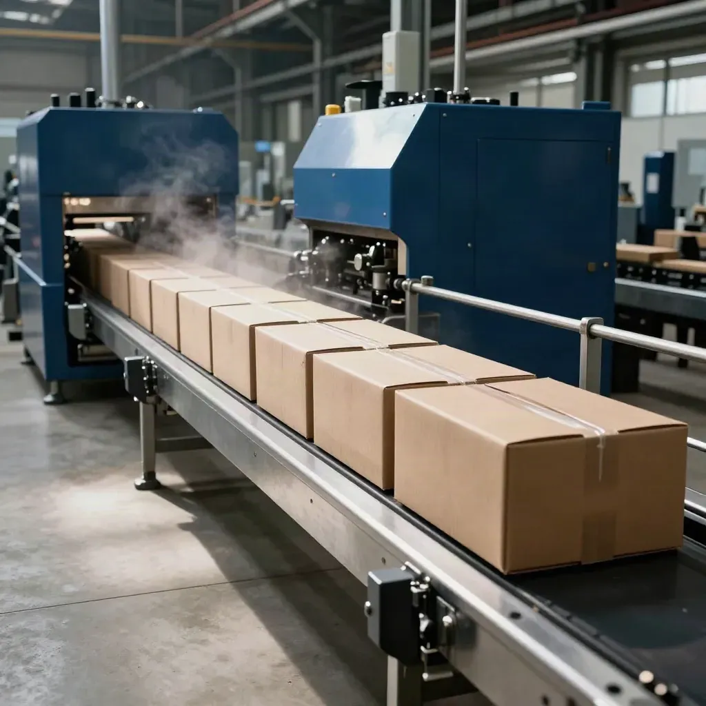 Produktionslinie in einer Fabrik, erste Kartons rollen im Licht durch feinen Maschinennebel.