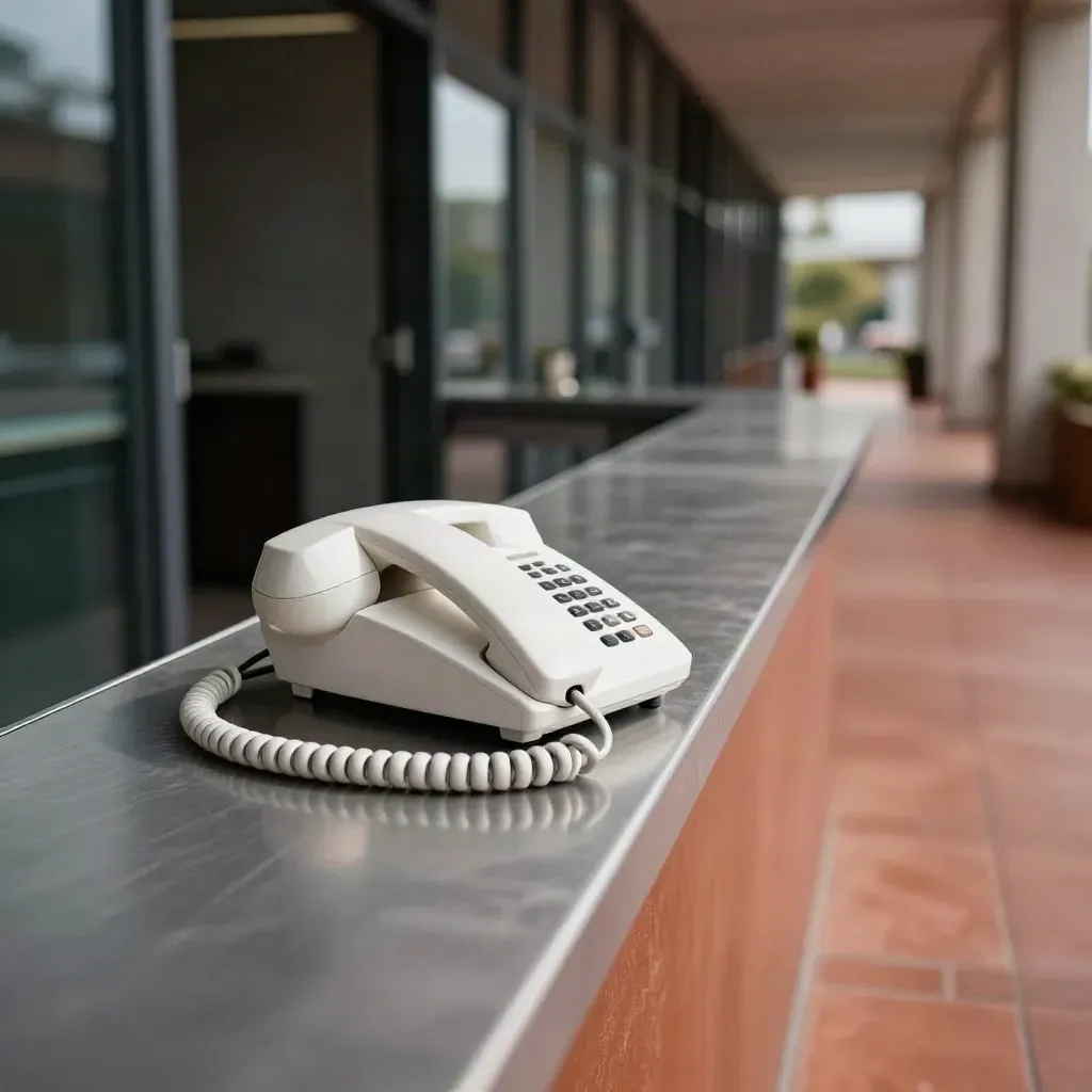 Empfangstresen mit Telefon, Headset-Basis und Ablagefächern vor dunkler Glastür im Morgenlicht.