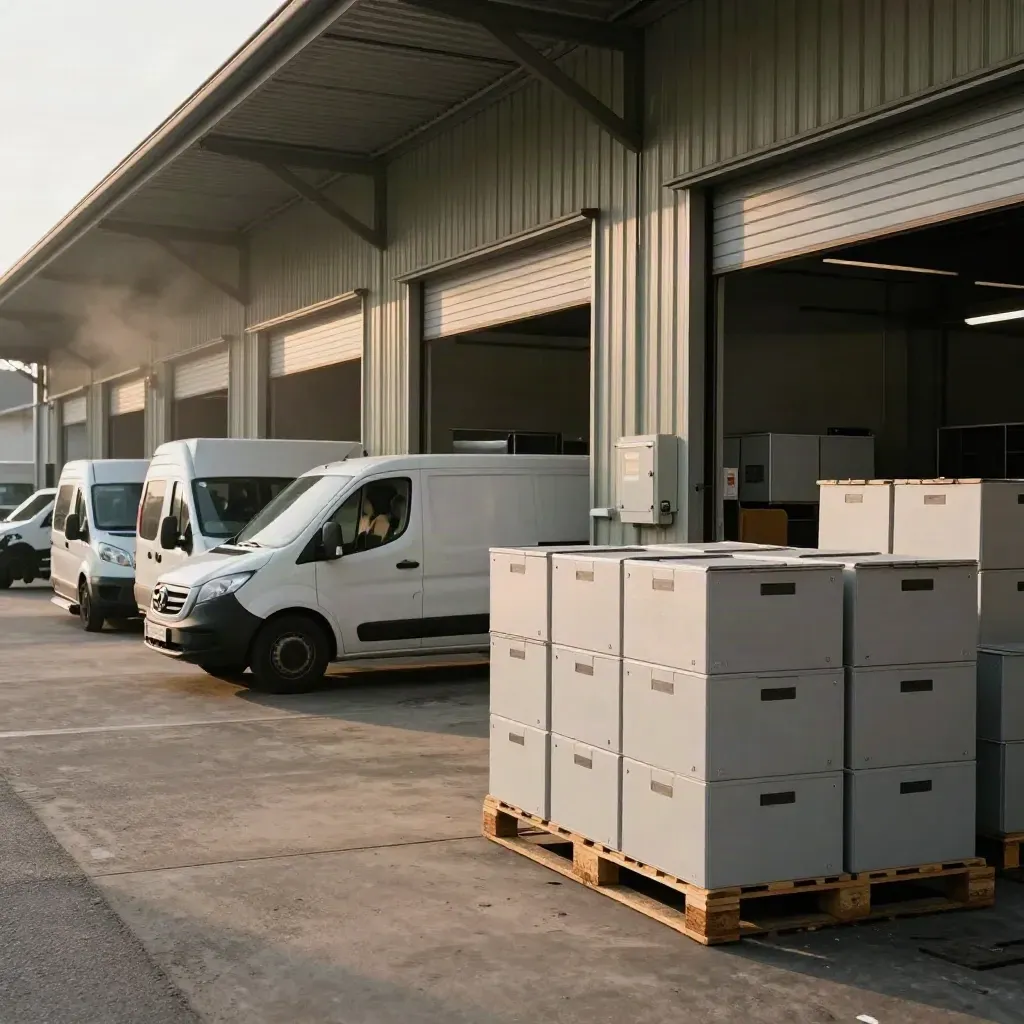 Gewerbehof bei Trier mit Lieferwagen, Kisten und offenen Rolltoren im warmen Spätnachmittagslicht