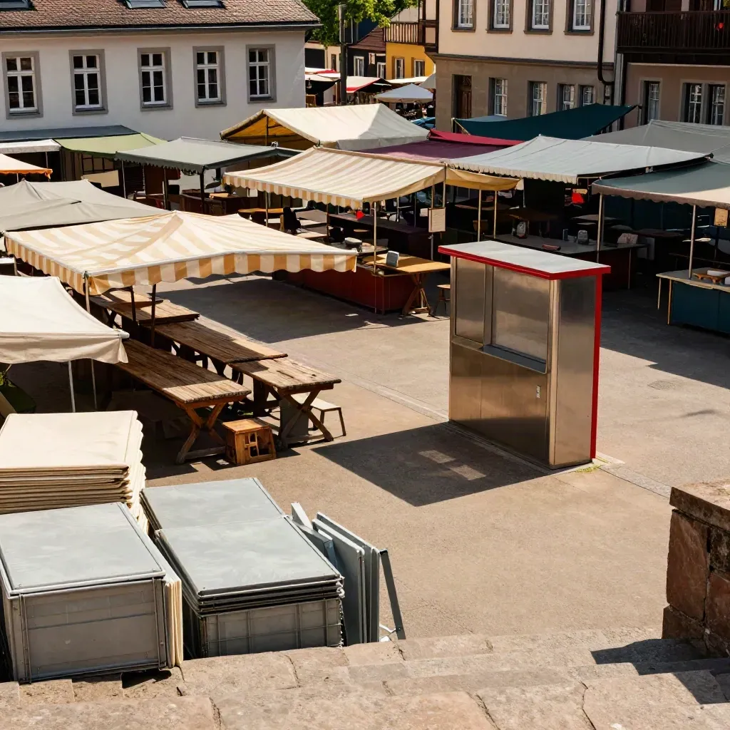Marktkante in Ludwigshafen mit Ständen, Fassaden und leerem Infostand im Mittagslicht