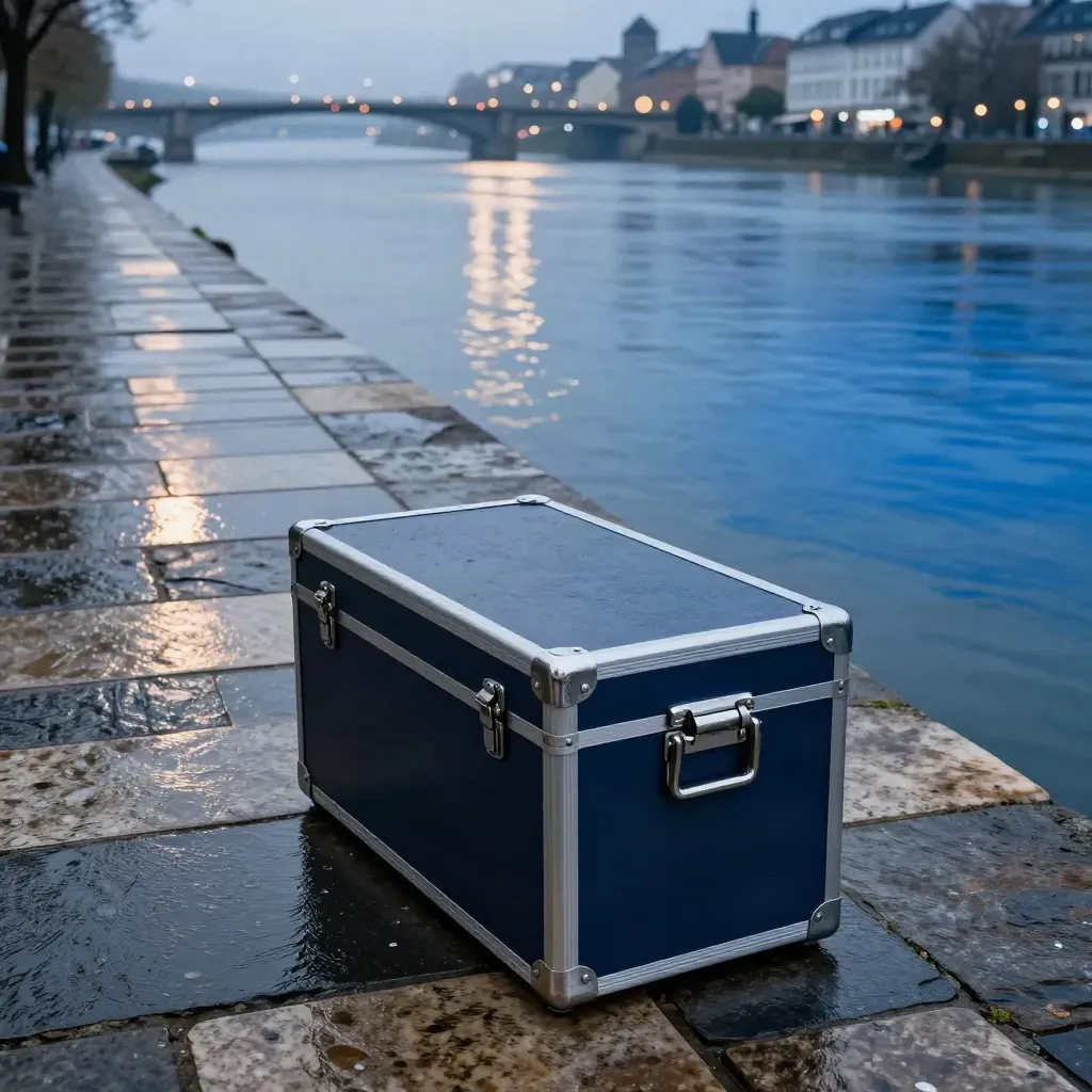 Verregnete Mainzer Rheinpromenade mit kleiner blauer Pressekiste am Ufer