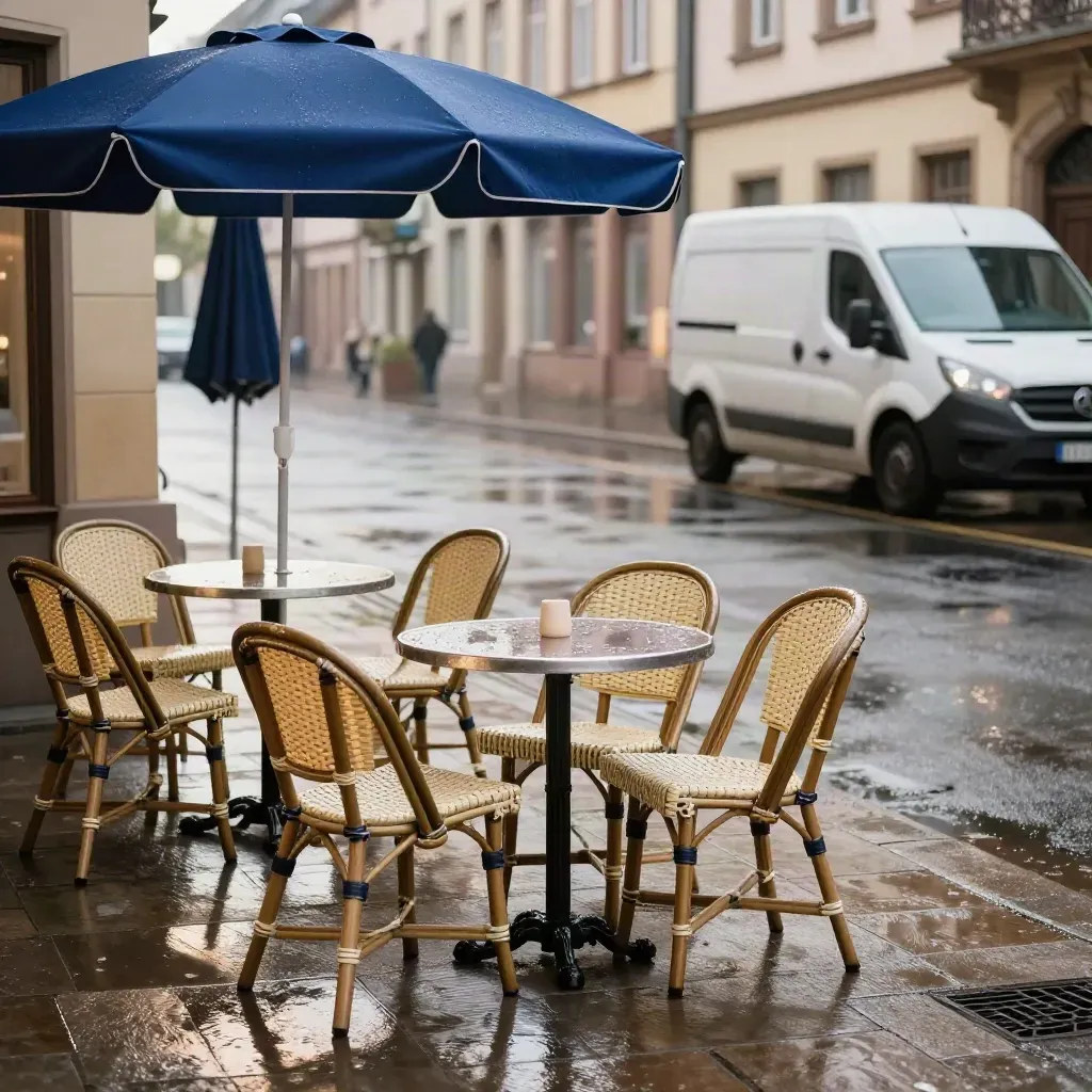 Mainzer Cafégarten nach einem Regenschauer mit nassen Stühlen und Lieferwagen am Straßenrand.