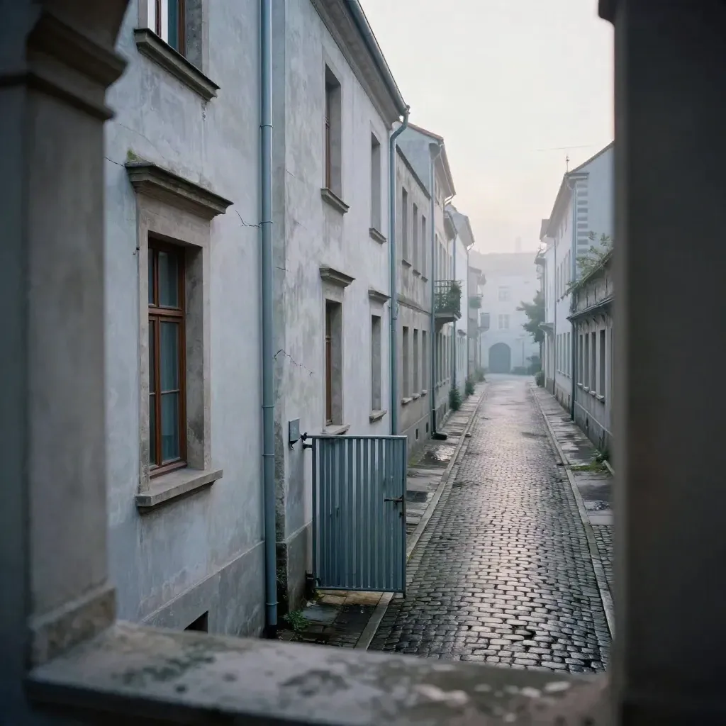Alte Fassaden und eine stille Gasse mit geöffnetem Rolltor im Morgenlicht.