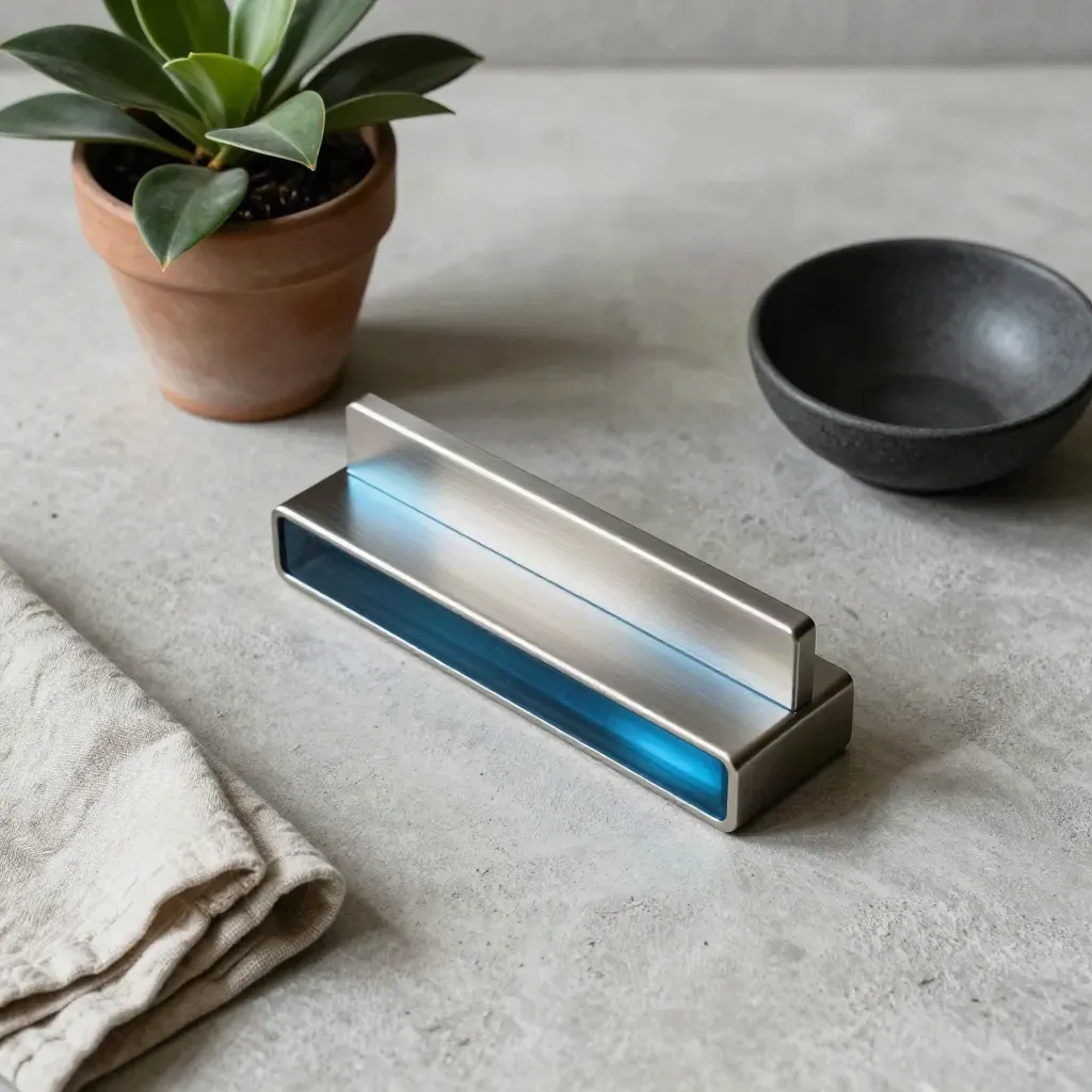 Metallbriefbeschwerer, Pflanze, Leinentuch und Schale auf heller Betonfläche von oben.