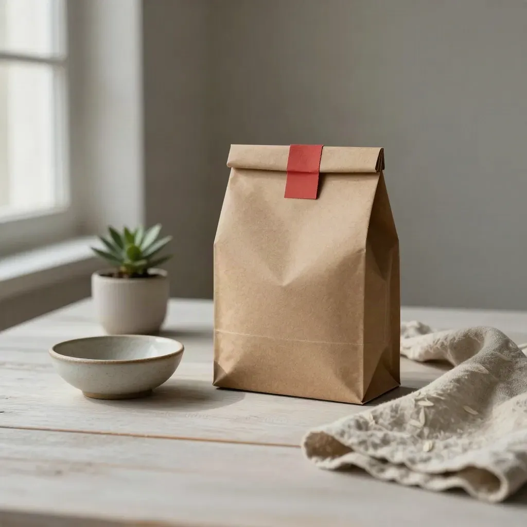 Verpackter Produktprototyp mit Pflanze, Keramikschale und Tuch auf hellem Holz