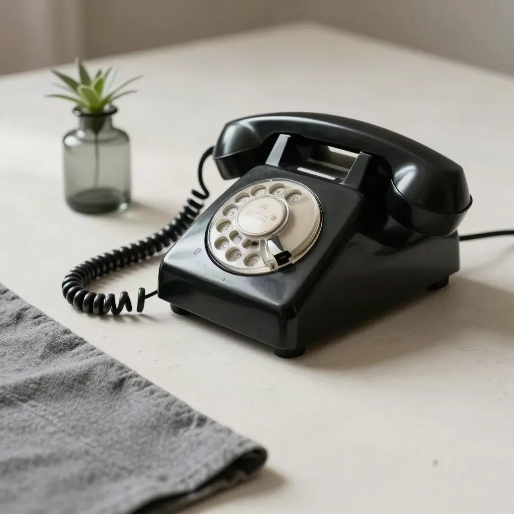 Schwarzes Tischtelefon mit abgehobenem Hörer, Leinenläufer, Glas und Pflanze auf hellem Untergrund.