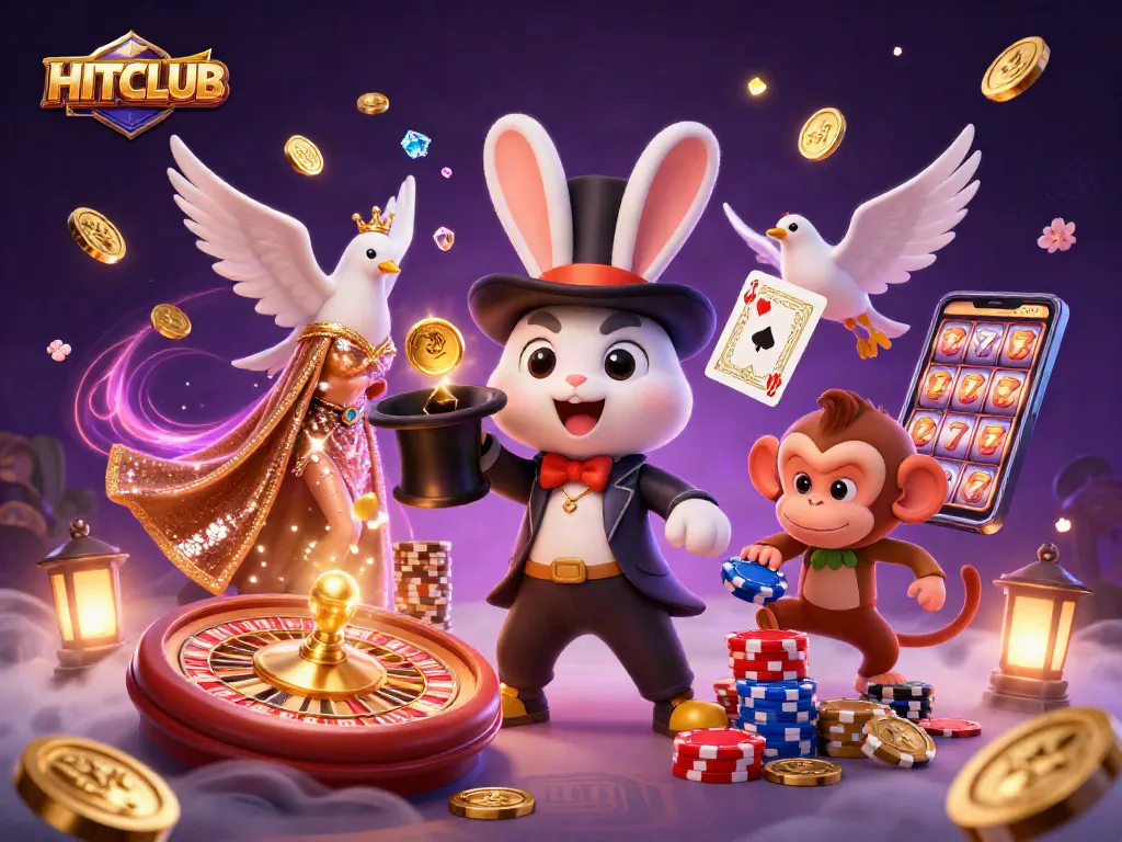 Engage with HITCLUB’s exciting gambling action featuring casino games, playful characters, and vibrant visuals.