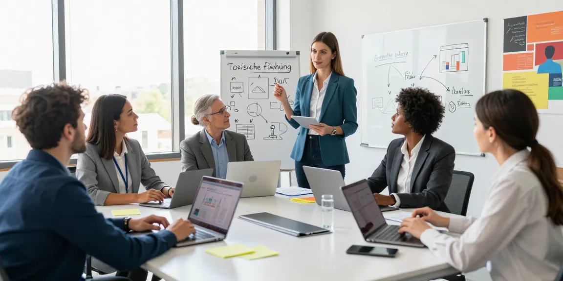 Besprechung im modernen Büro über toxische Führung und Feedback-Kultur.