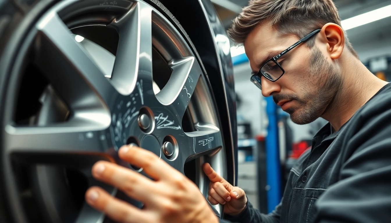 Alufelge Kratzer Reparatur München durch Fachmänner im professionellen Werkstatt-Setting.
