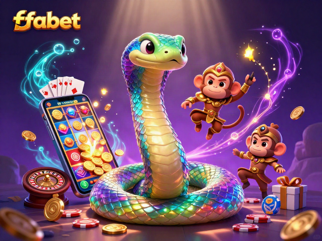 Play exciting games at fabet with vibrant colors, featuring a dynamic scene of casino elements.
