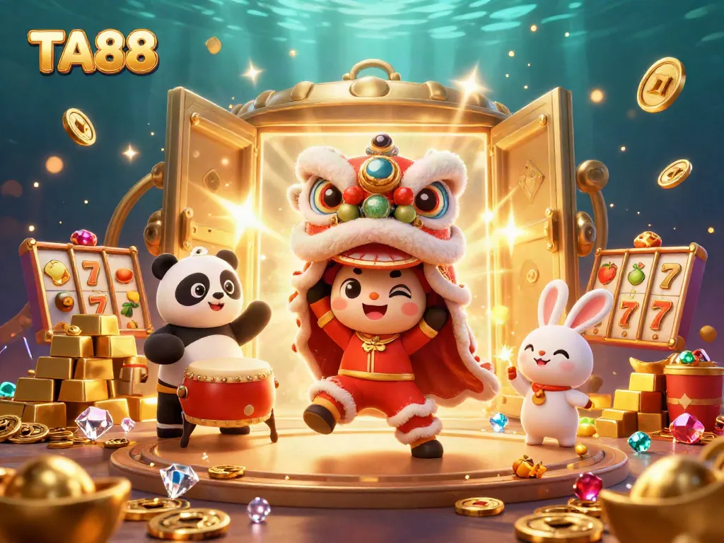 Engage in winning strategies with TA88's vibrant casino illustration featuring lions and treasures.