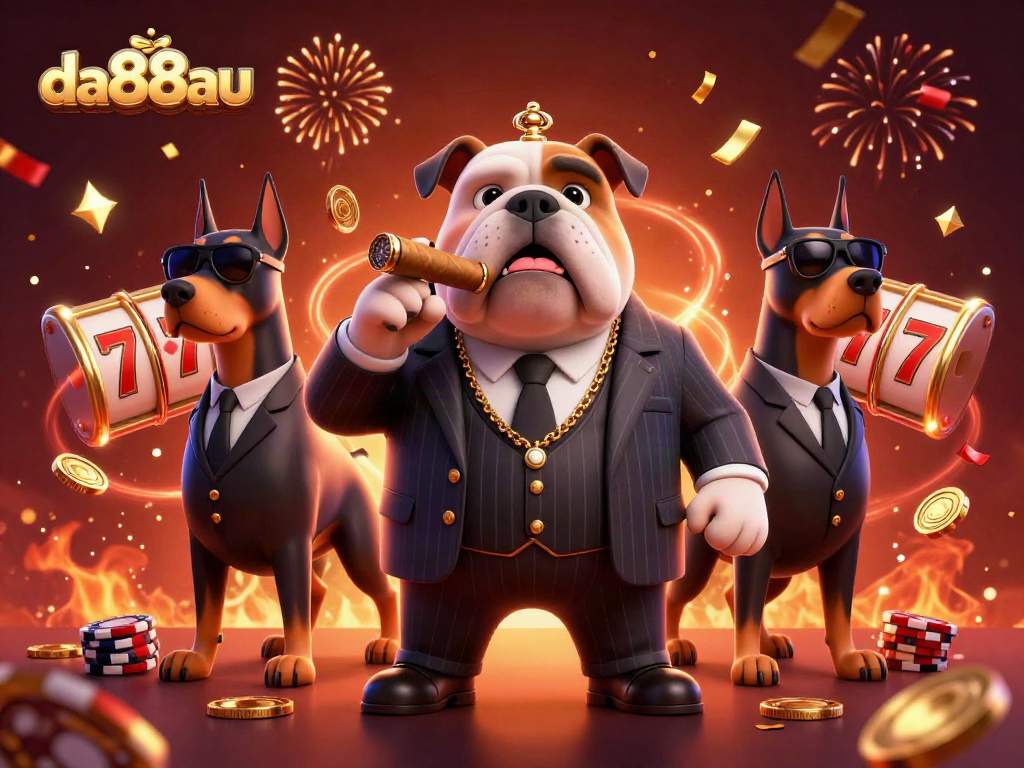 Engage in winning strategies at da88au with a dynamic casino scene featuring a mafia bulldog.