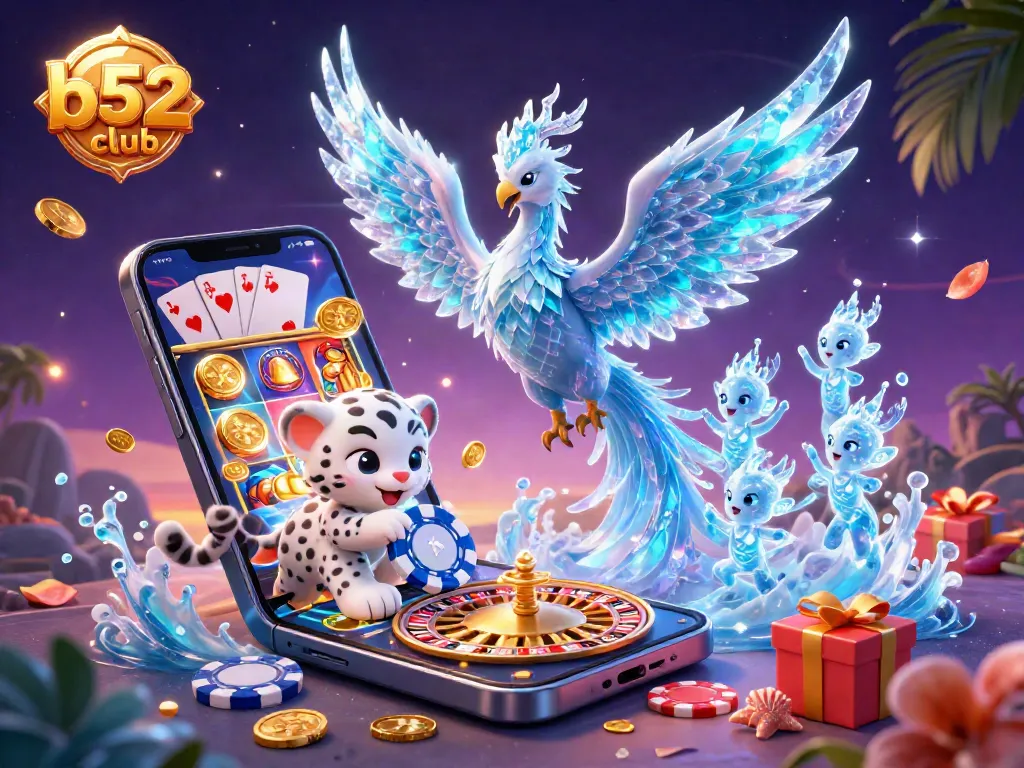 Engage in thrilling gaming at b52club with an enchanting 3D illustration featuring dynamic characters and casino elements.