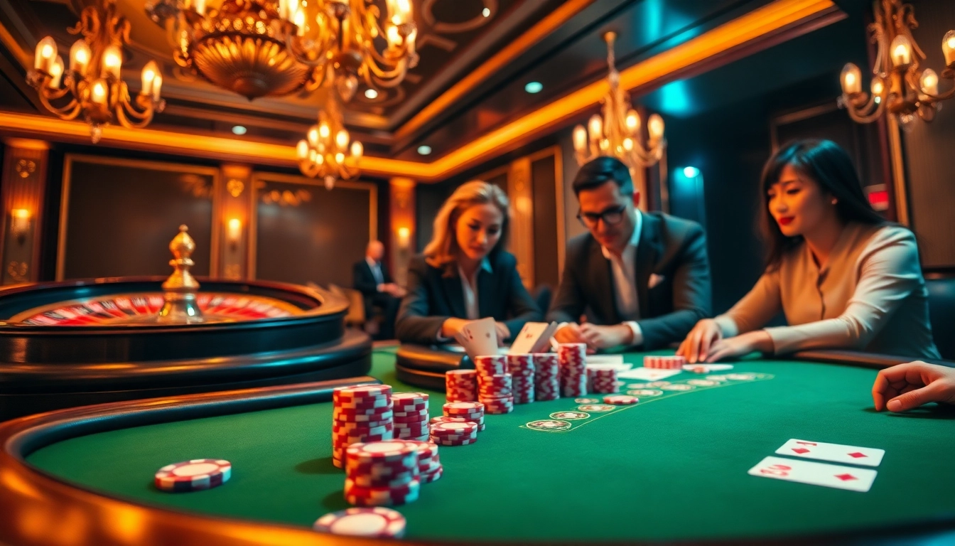 Experience the thrill of gaming at https://j88.gives/ with an elegant poker table and excited players.