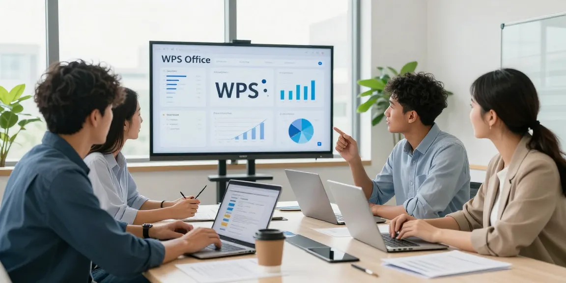 团队在会议室讨论WPS功能，展示协作与高效办公环境