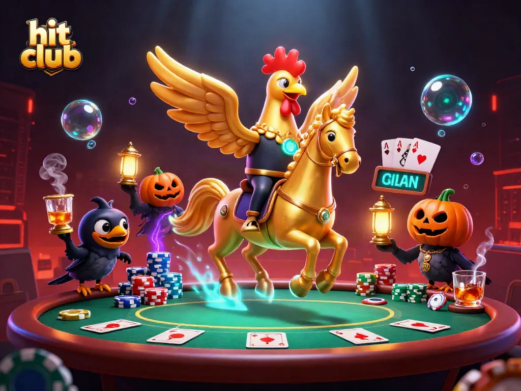 Experience the excitement of hit club with golden rooster characters and vibrant casino elements.