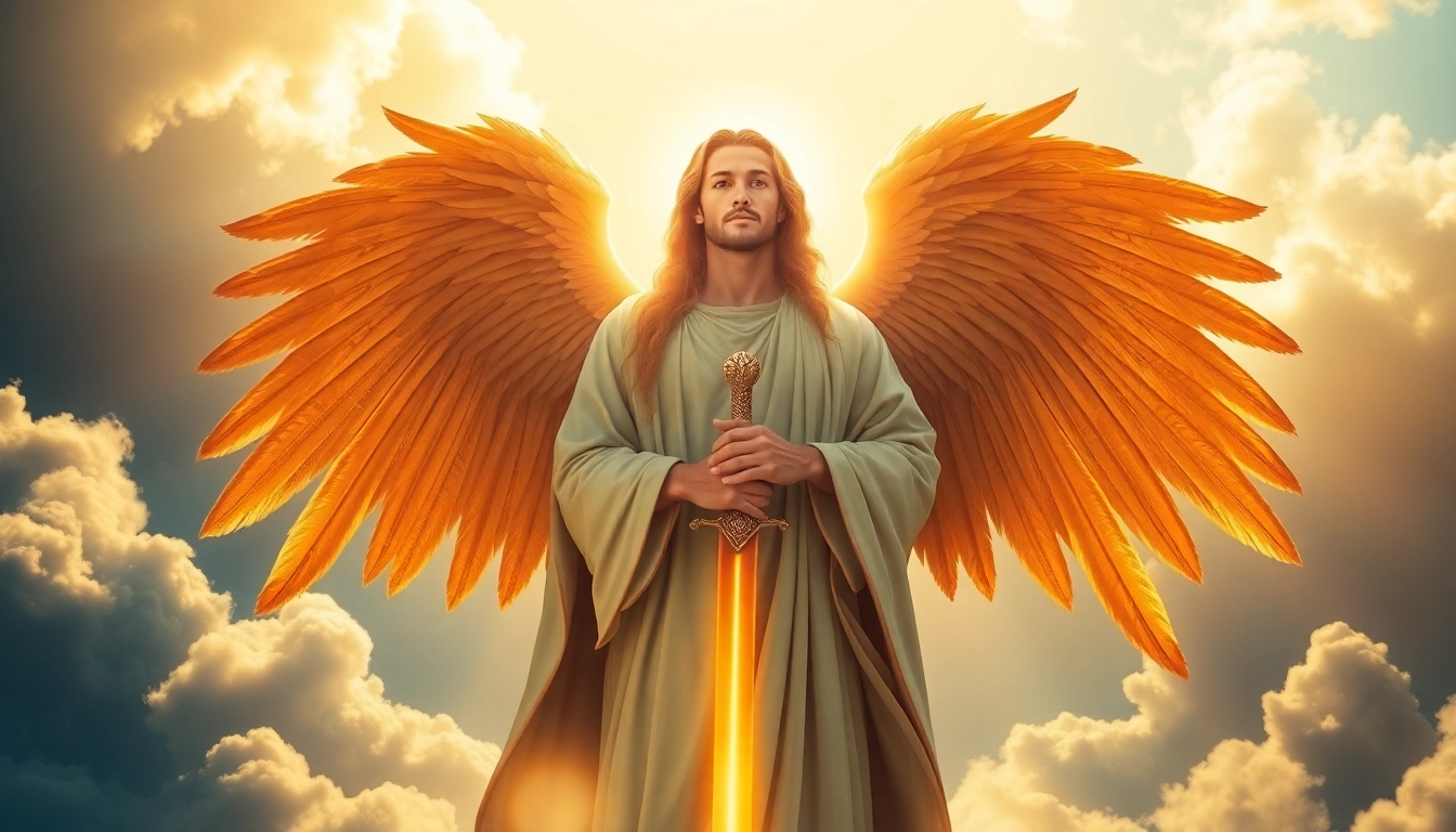 Erzengel Uriel von seiner majestätischen Seite, strahlend und beruhigend.