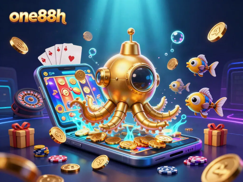 Experience gambling adventure with one88h in a vibrant 3D underwater scene featuring golden krakens and slot games.