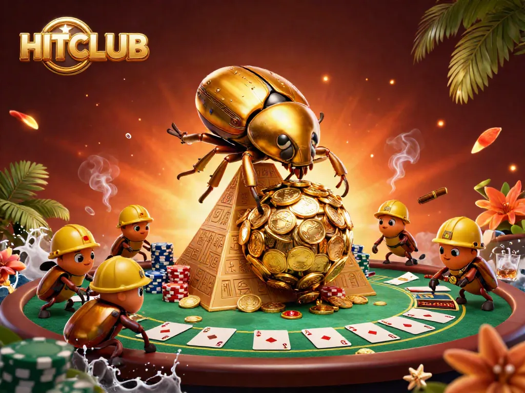 Engage in thrilling games with HITCLUB as golden beetles roll coins in this lively casino scene.