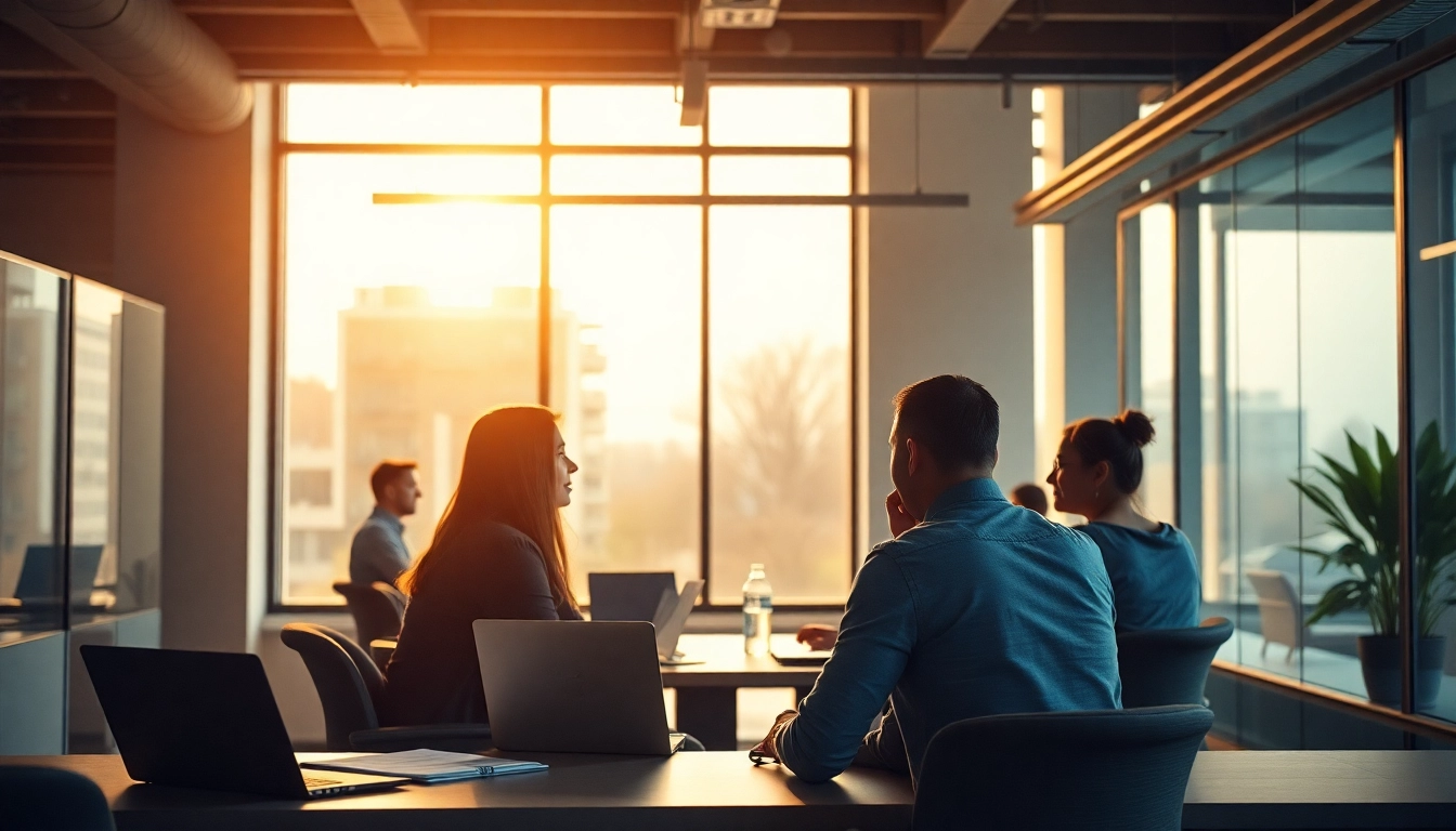 Restrukturierung Personal: Teamarbeit in einem modernen Büro mit aktiven Diskussionen und Technologie.