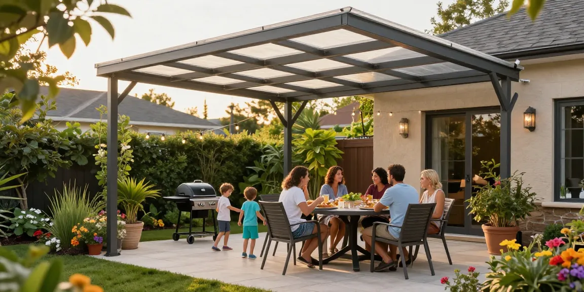 Terrassenüberdachungen schaffen eine einladende Atmosphäre im Garten mit einer Familie, die zusammen isst.