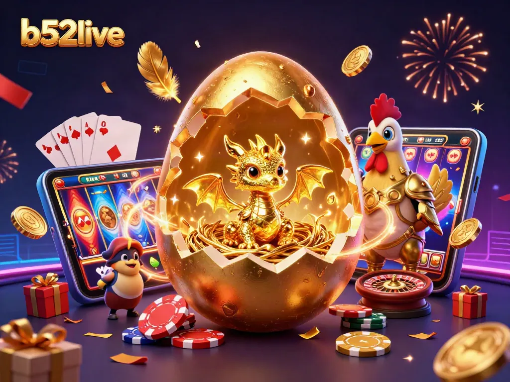 Join the excitement of b52live with a golden baby dragon revealing treasures in a vibrant casino