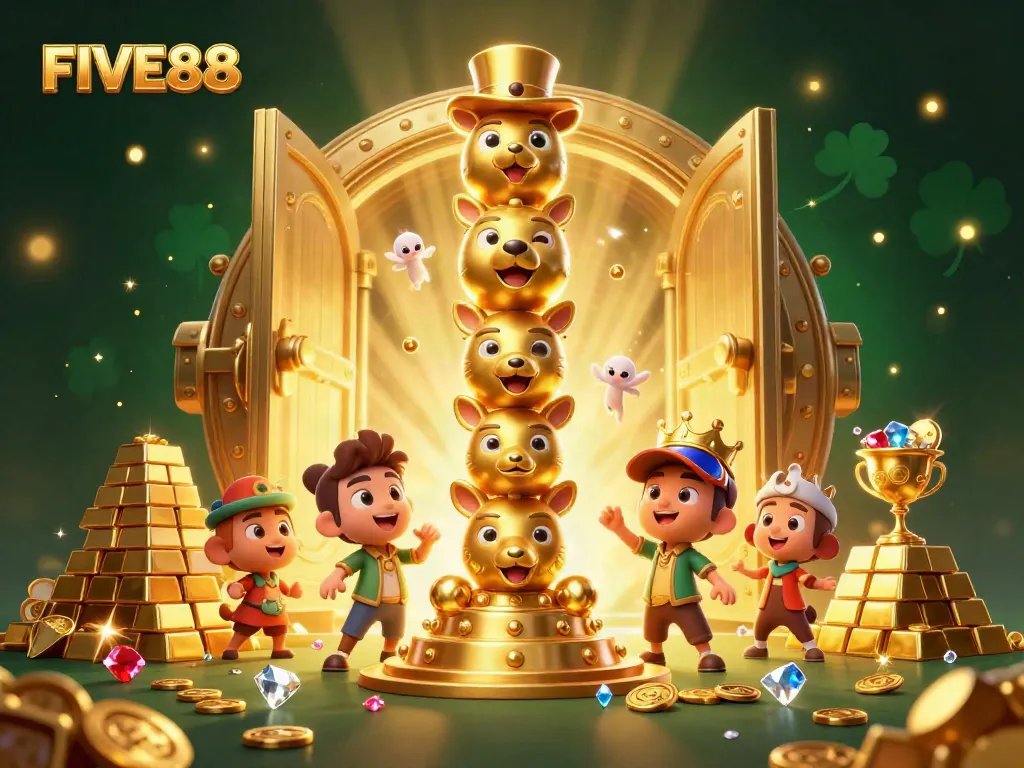 Experience winning at FIVE88 with an exciting 3D casino scene featuring animated characters and treasure elements.