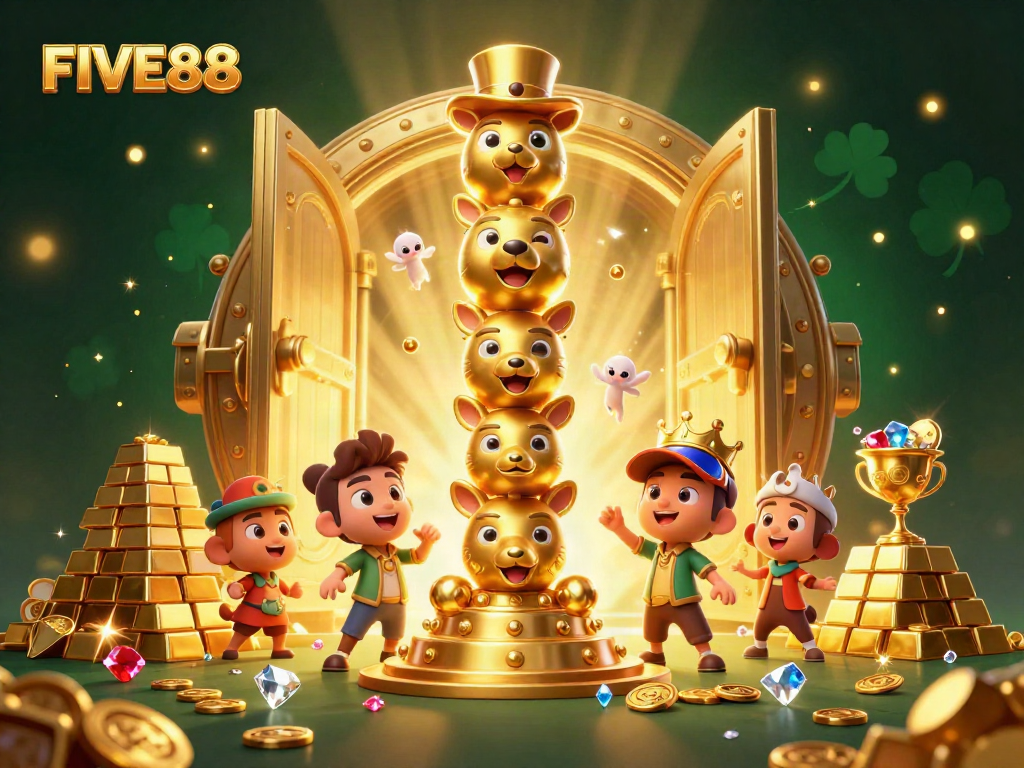 Experience winning at FIVE88 with an exciting 3D casino scene featuring animated characters and treasure elements.