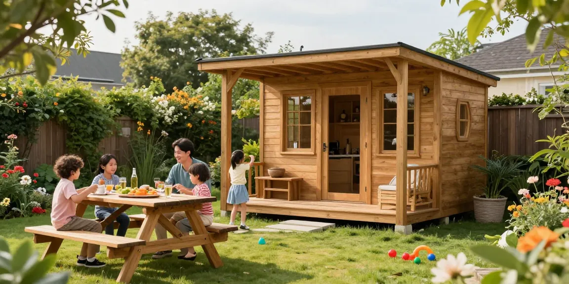 Familie genießt ihr neues Gartenhaus beim Gartenhaus kaufen in einem einladenden Garten.