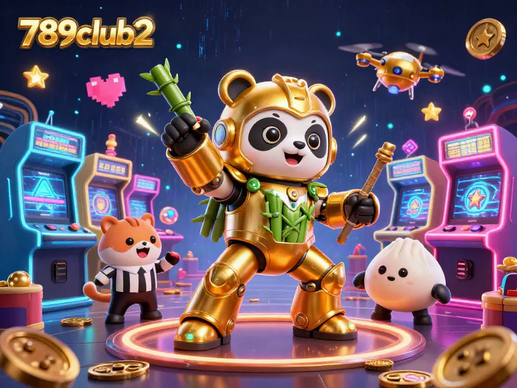 Engage in thrilling gameplay with 789club2, where a golden panda in a mech suit battles amidst flashing 3D casino visuals.