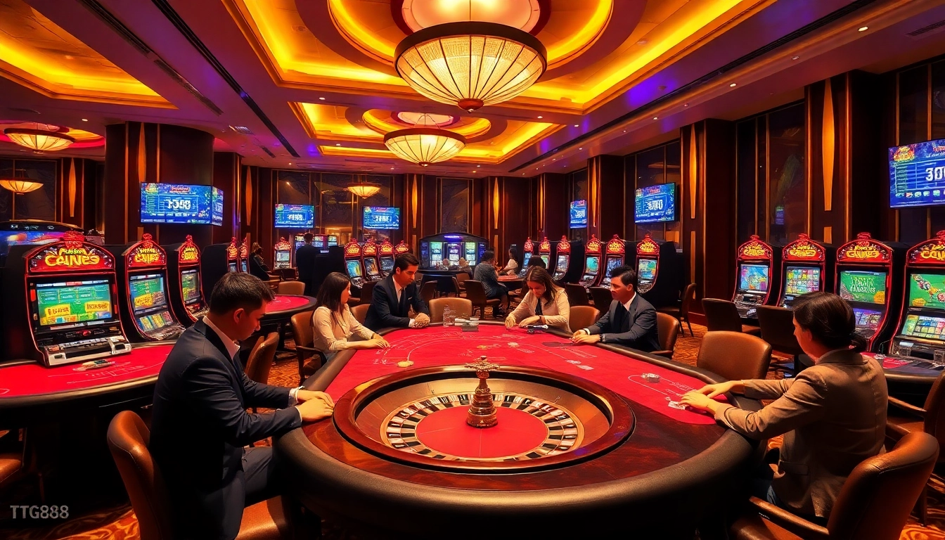 Experience the excitement of tg88 with players enjoying high-stakes poker and vibrant slot machines.