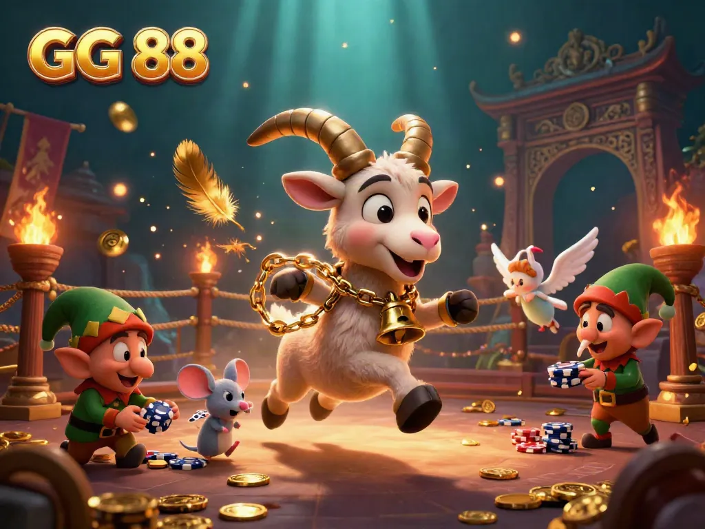 Experience the lively GG 88 casino scene with Krampus, an angel mouse, and mischievous gremlins stealing poker chips.