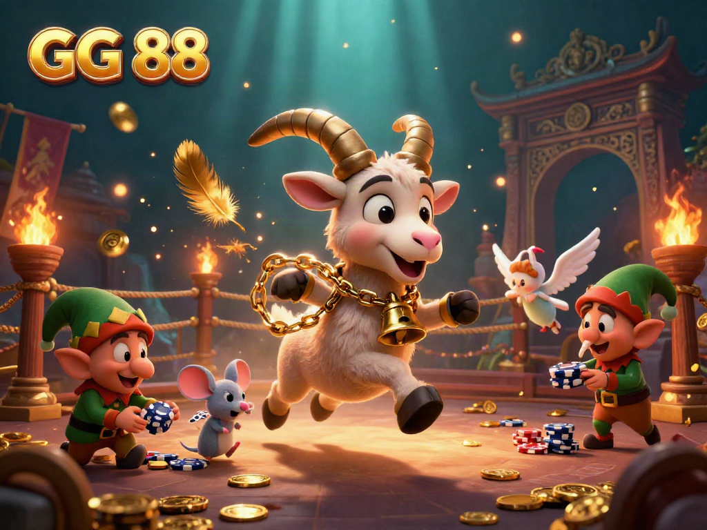 Experience the lively GG 88 casino scene with Krampus, an angel mouse, and mischievous gremlins stealing poker chips.