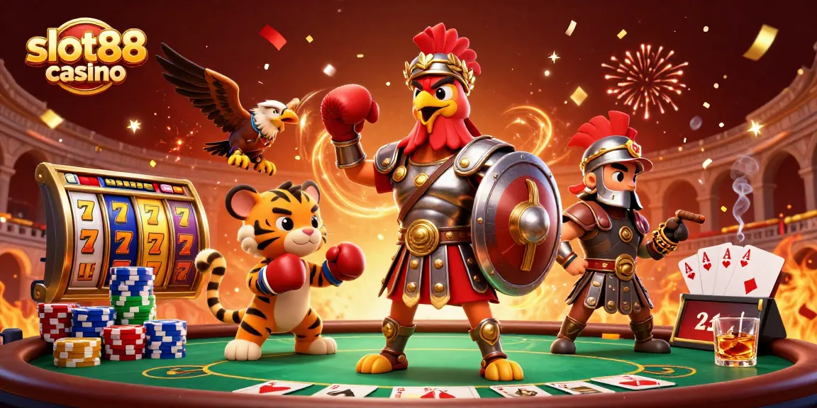 Experience the thrill of slot88 casino with vibrant slot reels, lucky 7s, and dynamic poker elements in a rich illustration.