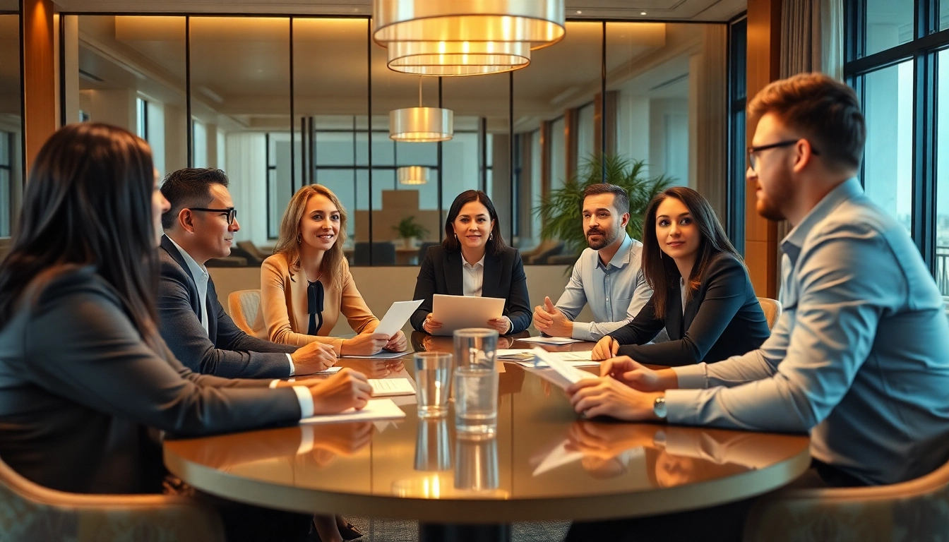 Headhunter discussing recruitment strategies in a modern business setting with diverse professionals.