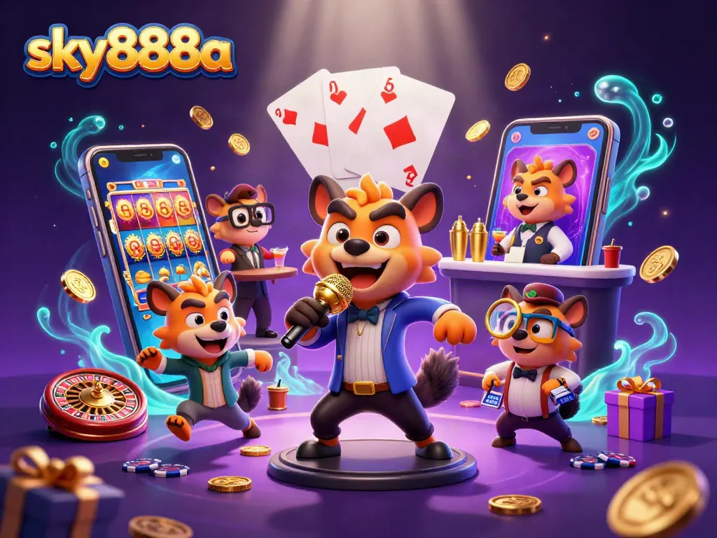 Experience thrilling gaming at sky888a with lively hyena characters in a vibrant casino scene.