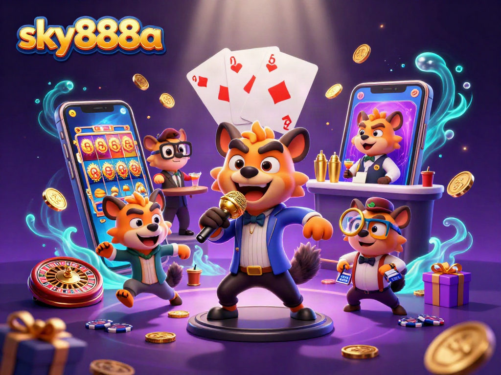 Experience thrilling gaming at sky888a with lively hyena characters in a vibrant casino scene.