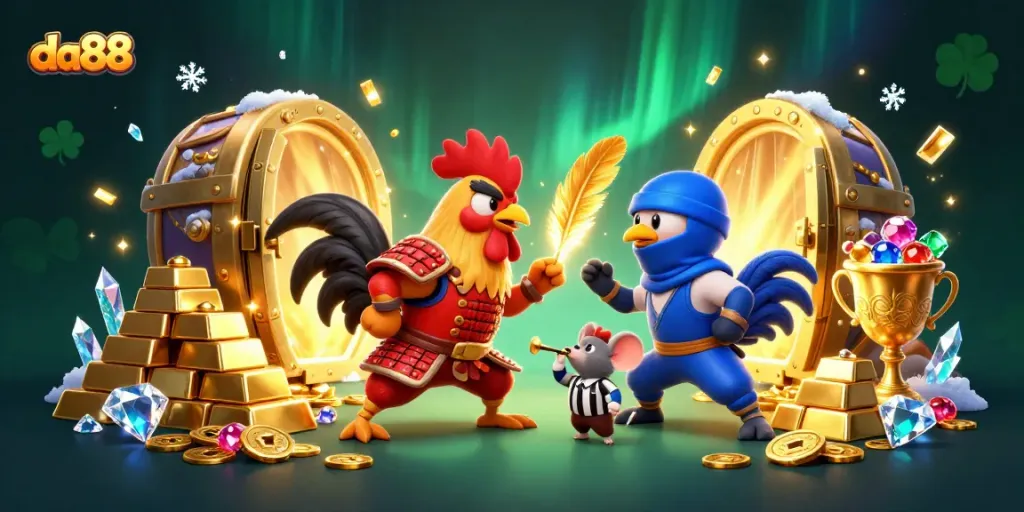 Experience thrilling matches at da88 where cartoon roosters battle amid golden jackpots and vibrant casino symbols.